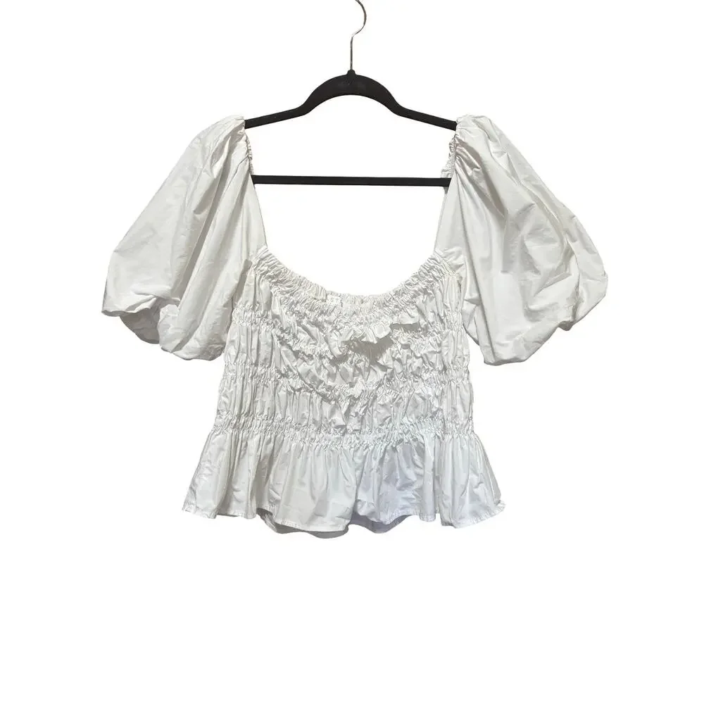 ASTR White Smocked Puff Sleeve Peplum Top Square Neck Size Large